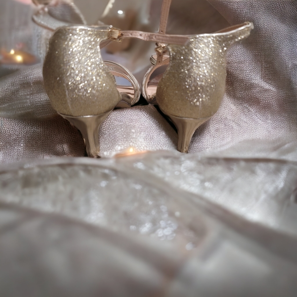 NWOT Pink Paradox London Gold Glitter Strappy Heels Size 8 - Picture 5 of 6